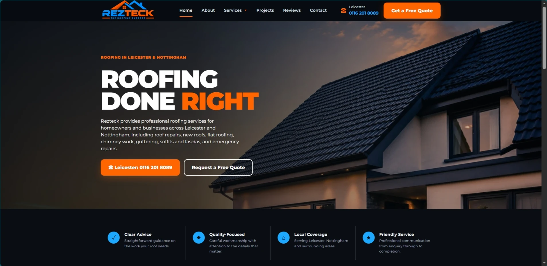 Screenshot of the REZTECK Roofing website homepage for roofing services across Leicester and Nottingham